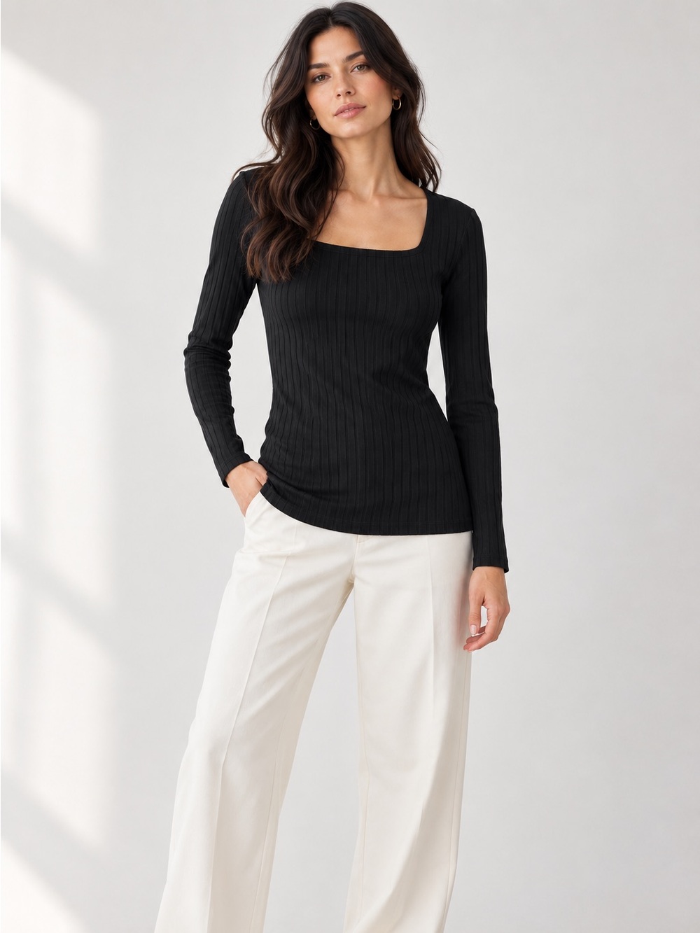 NWT Just Female Across Blouse Black Ribbed Square Neck Top Sz Small